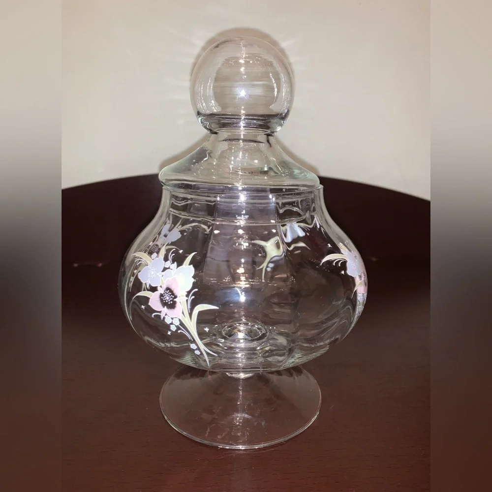 Vintage Pastel Floral Clear Glass Apothecary Pedestal Jar Round Bubble Potbelly